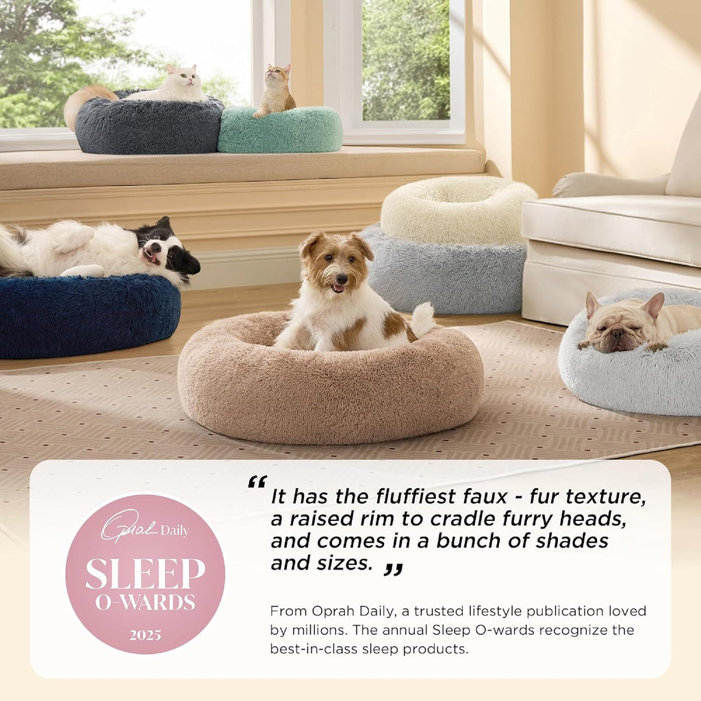 Calming Cat Beds Donut Round Washable Kitten Bed, 20 inches Camel