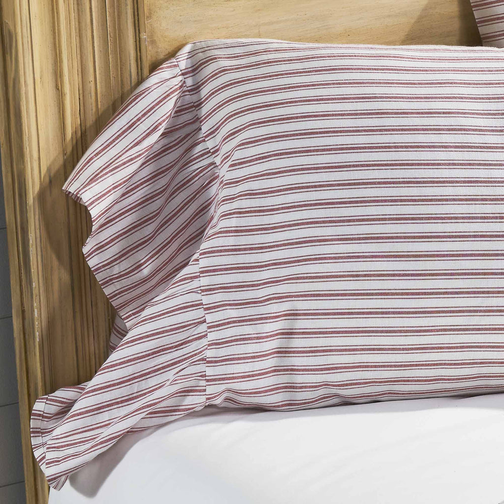 Timeless Ticking Red Ruffled Pillow Shams, Set of 2 Covers, Vintage Farmhouse, Country Cottage Bedding, 37"