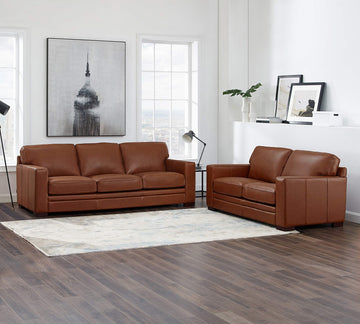 Dillon Top Grain Leather Sofa and Loveseat Set, Cinnamon Brown, Feather Down, Memory Foam and Springs Seating