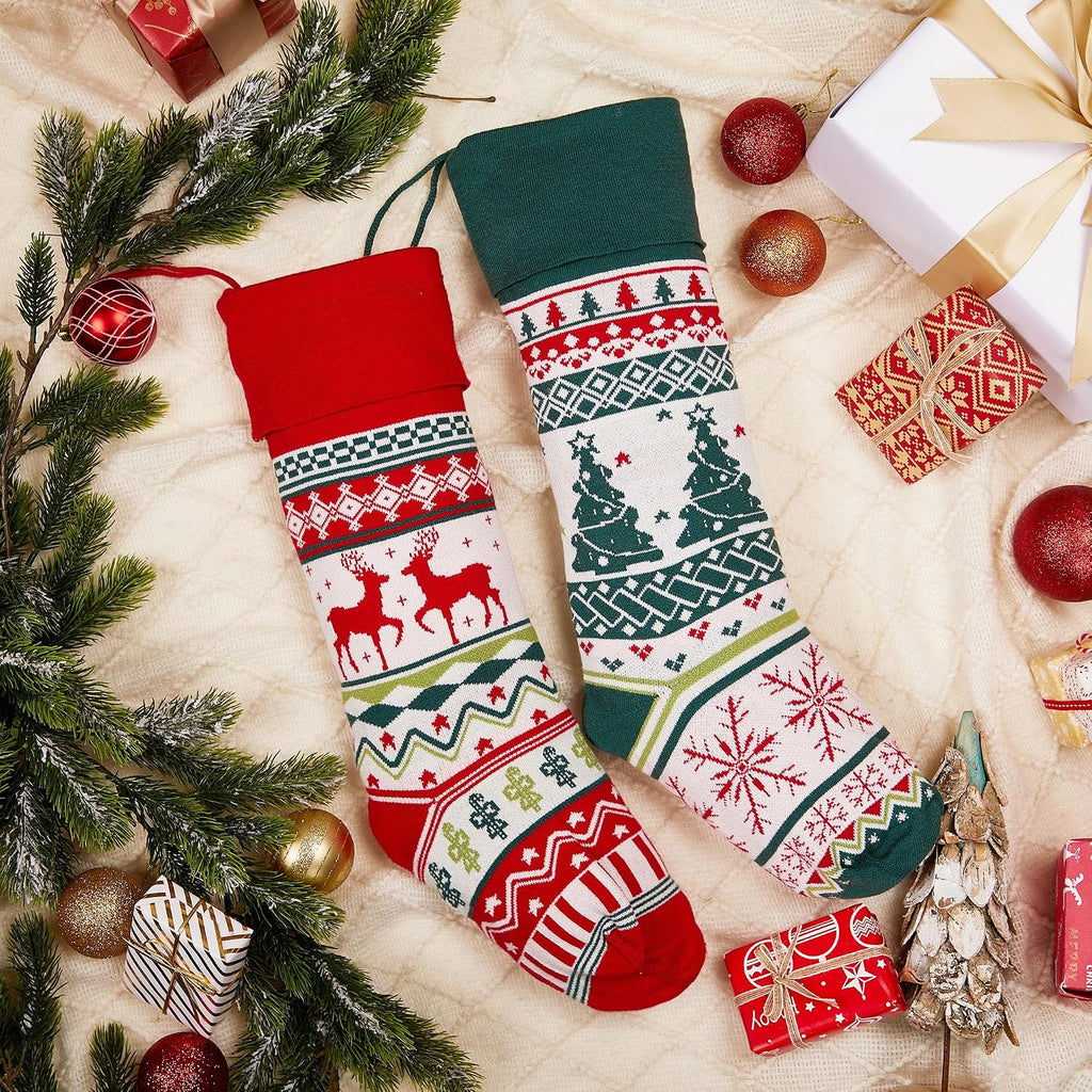 6 Pack Christmas Stockings, 21 Inches Large Cable Knitted Stockings, Snowflake Reindeer Snowman Christmas Tree