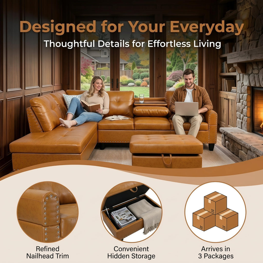 Faux Leather L-Shaped Couch Set, 98"L x 71"W Sectional Sofa Orange
