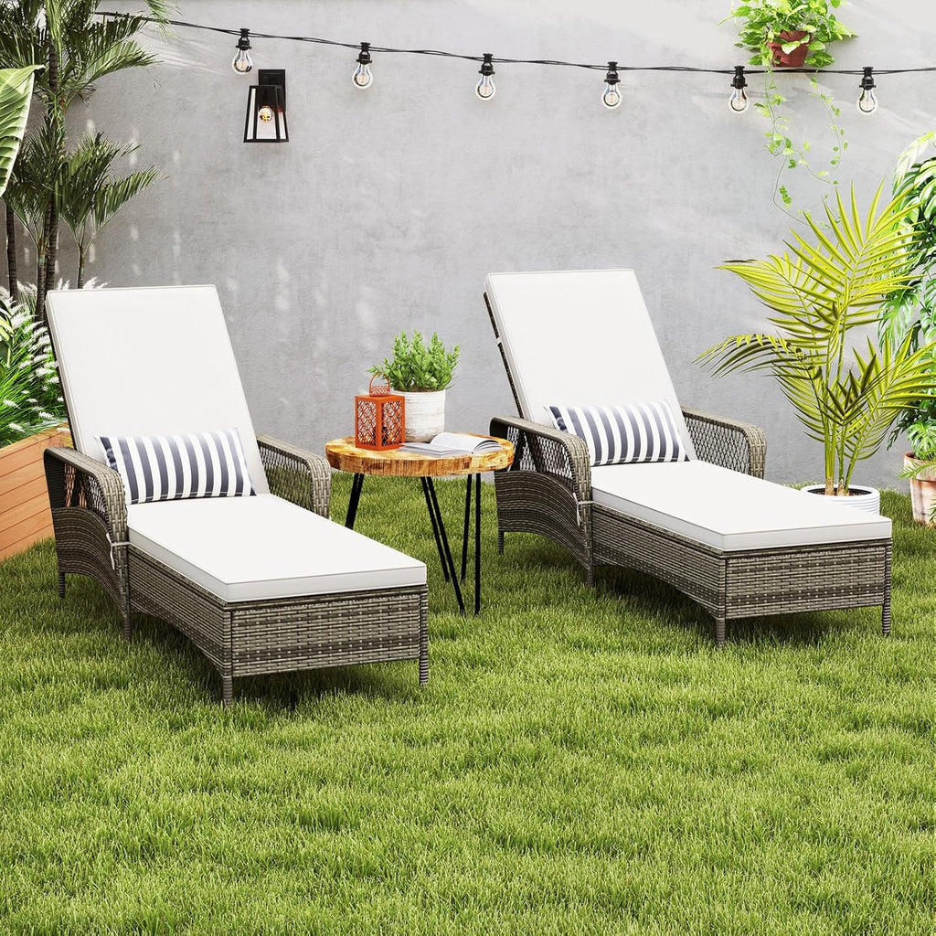 Wicker Chaise Lounge Chair, Patio Rattan Recliner with 6-Position Adjustable Backrest, Soft Cushions
