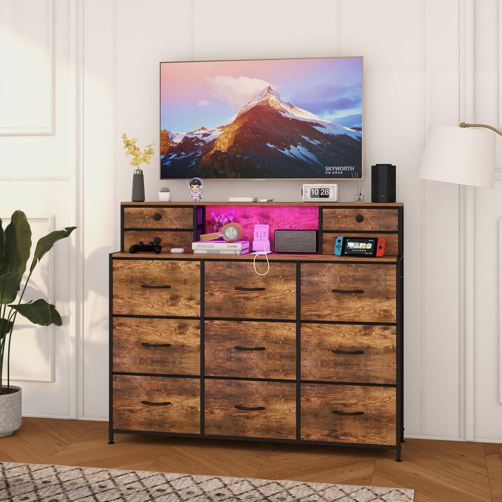 Rustic with Charging Station and LED Lights Large 13 Drawers Fabric Chest of Drawers Living Room Hallway Entryway