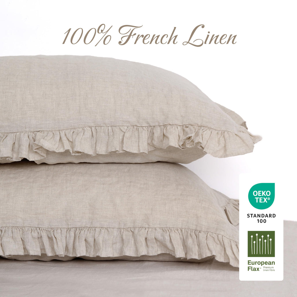 Linen World Linen Ruffled Pillow Cases 20''x30'' - 100% French Natural Linen Pillowcase Set of 2, Ruffled