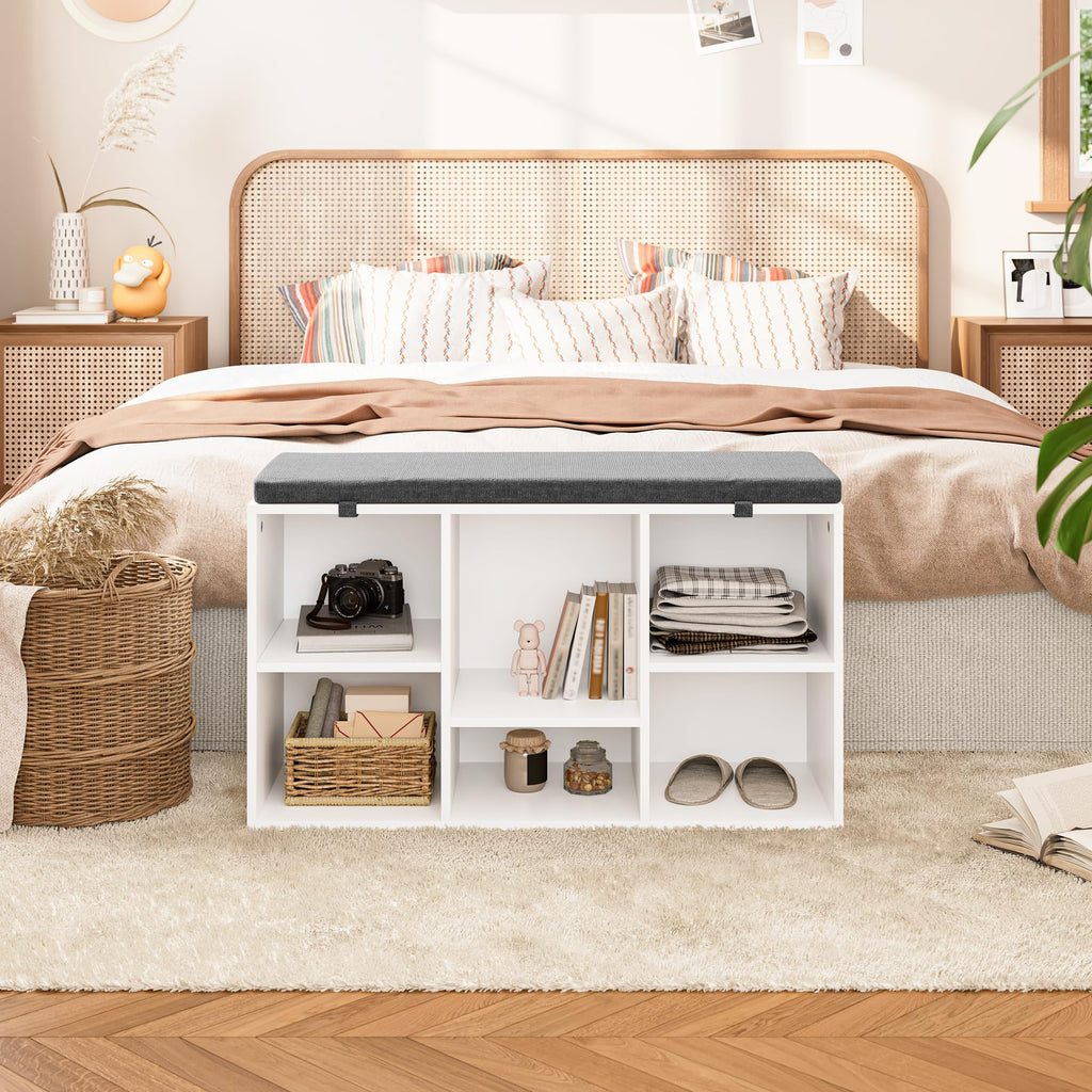 Shoe Bench, Storage Bench with Padded Seat, 6 Cubbies Storage Entryway Bench, White