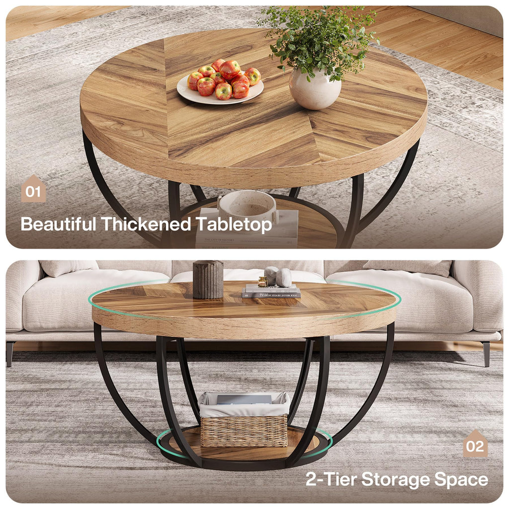 31.7" Round Wooden Coffee Table with Storage Pedestal
