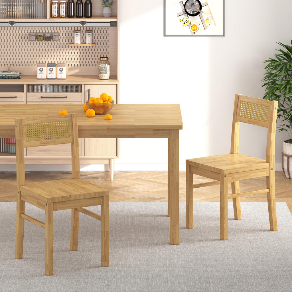 Solid Wood Dining Table Set for 4, 43.3" Dining Table with Chairs Set, Kitchen Dining Table Set with Woven Rattan