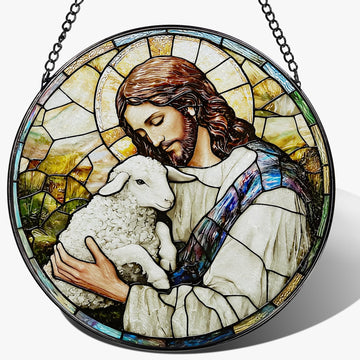 8 Inches Jesus Holding Lamb Painted Stained Glass Suncatcher, Christian Ornament, Window Hanging Decor, Christmas