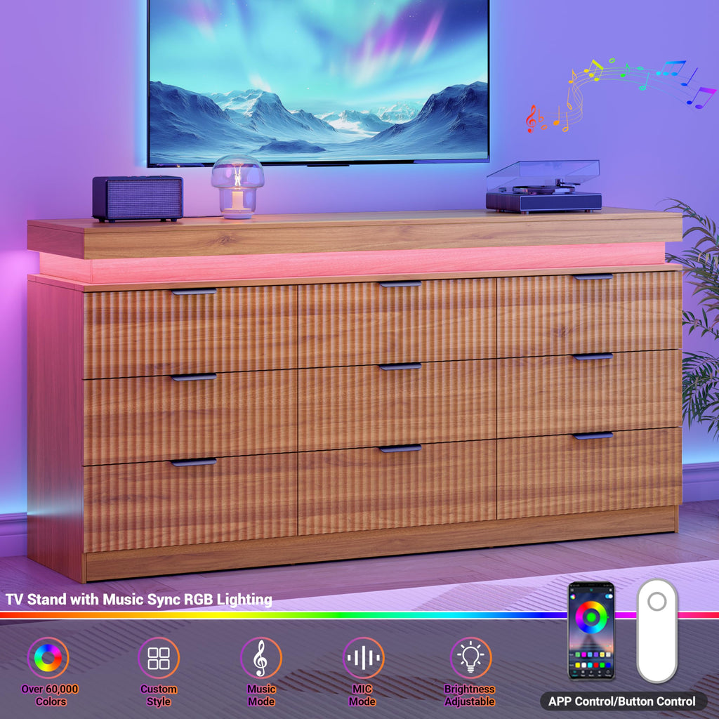 Fluted 9 Drawer Dresser with Charging Station, Walnut