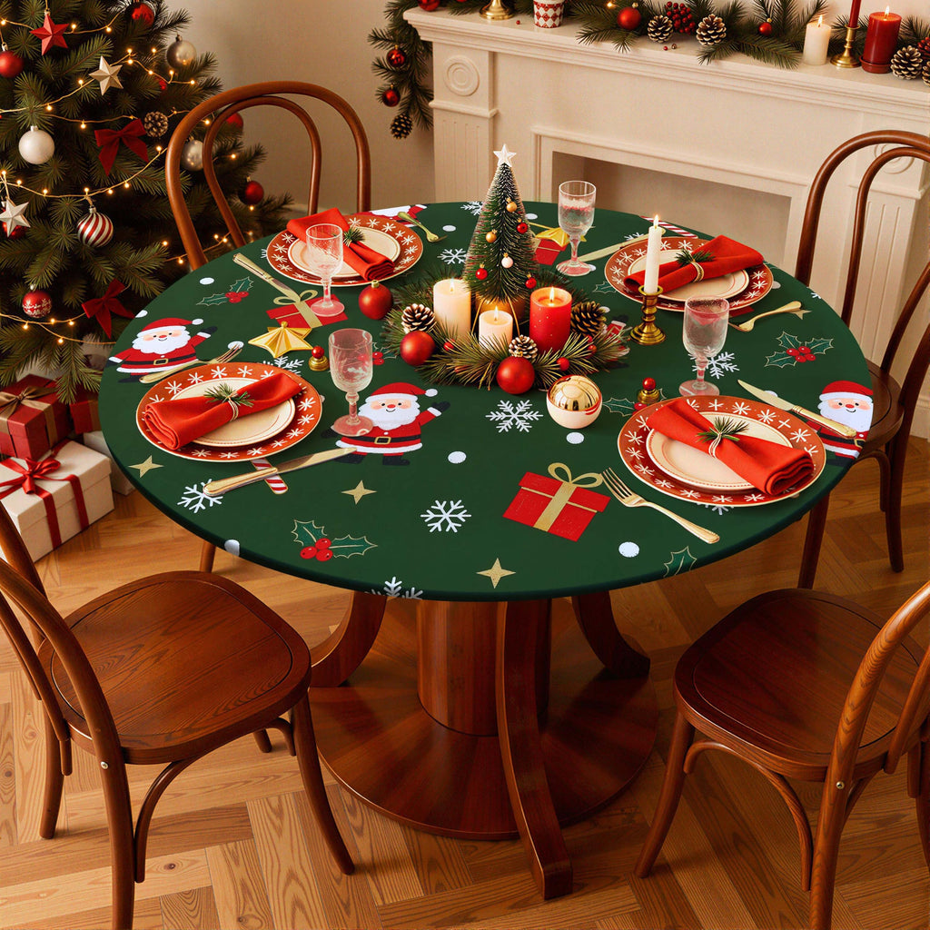 Christmas Round Spandex Tablecloth, Fitted Cover for 57"-68" Tables