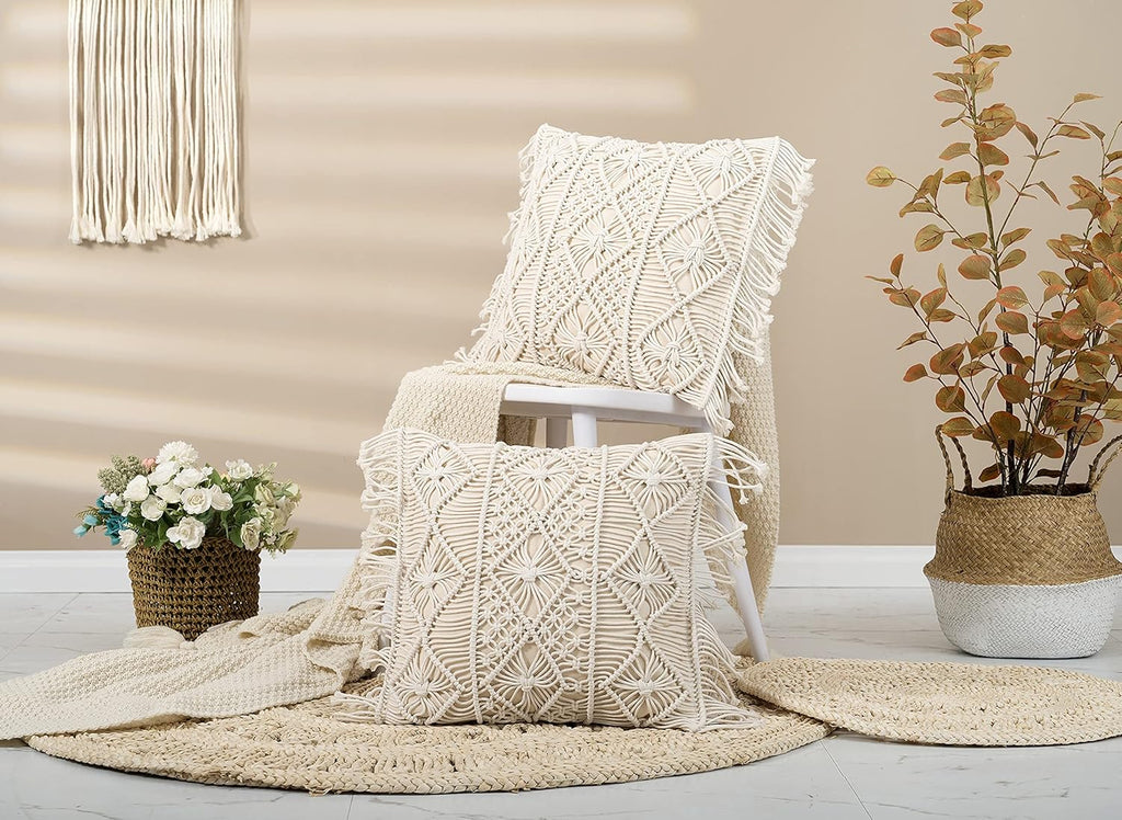 Macramé Pillow Cover- Set of 2 Boho Cushion Cover 100% Cotton Decorative Fringe Pillow Cover Boho Home Decor