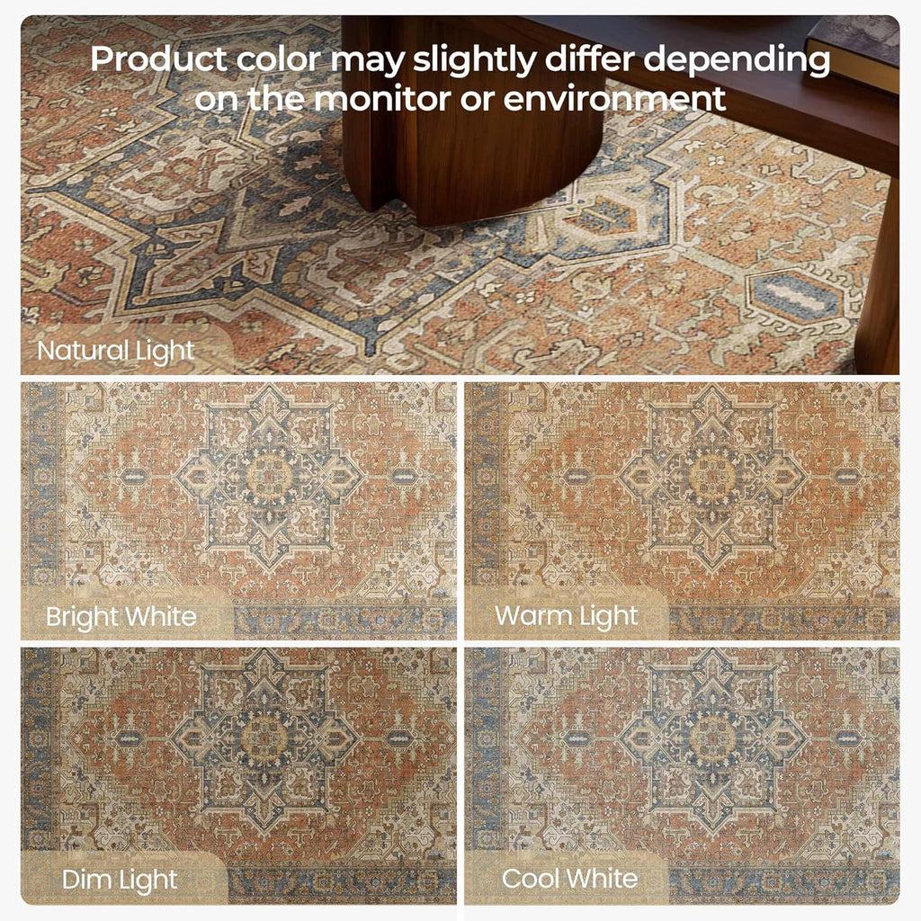 9x12 Washable Area Rugs Terracotta with Vintage Orient Design, Soft Rug