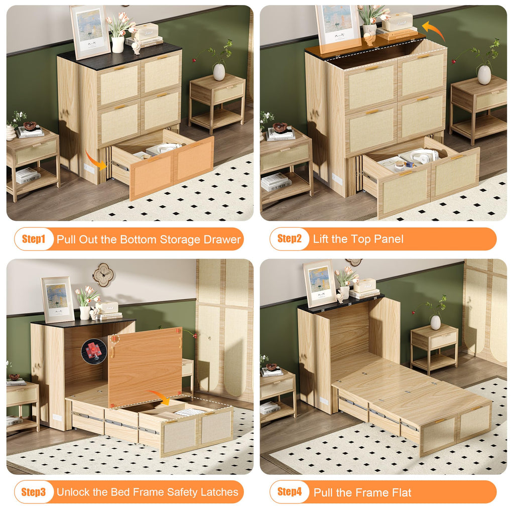 Twin Size Rattan Murphy Bed with Storage Drawer, Charging Station, Boho, Hideaway Paltform Panel Bed for Small