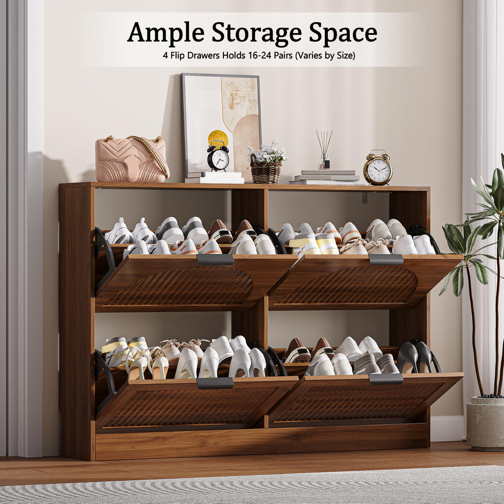 Fluted Shoe Storage Cabinet, 4 Flip Drawers, Walnut
