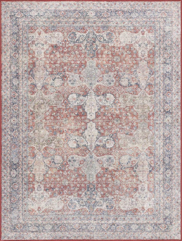 Ambre Living Room, Bedroom Machine Washable Area Rug - Floral Medallion Border Distressed Faded - Oriental