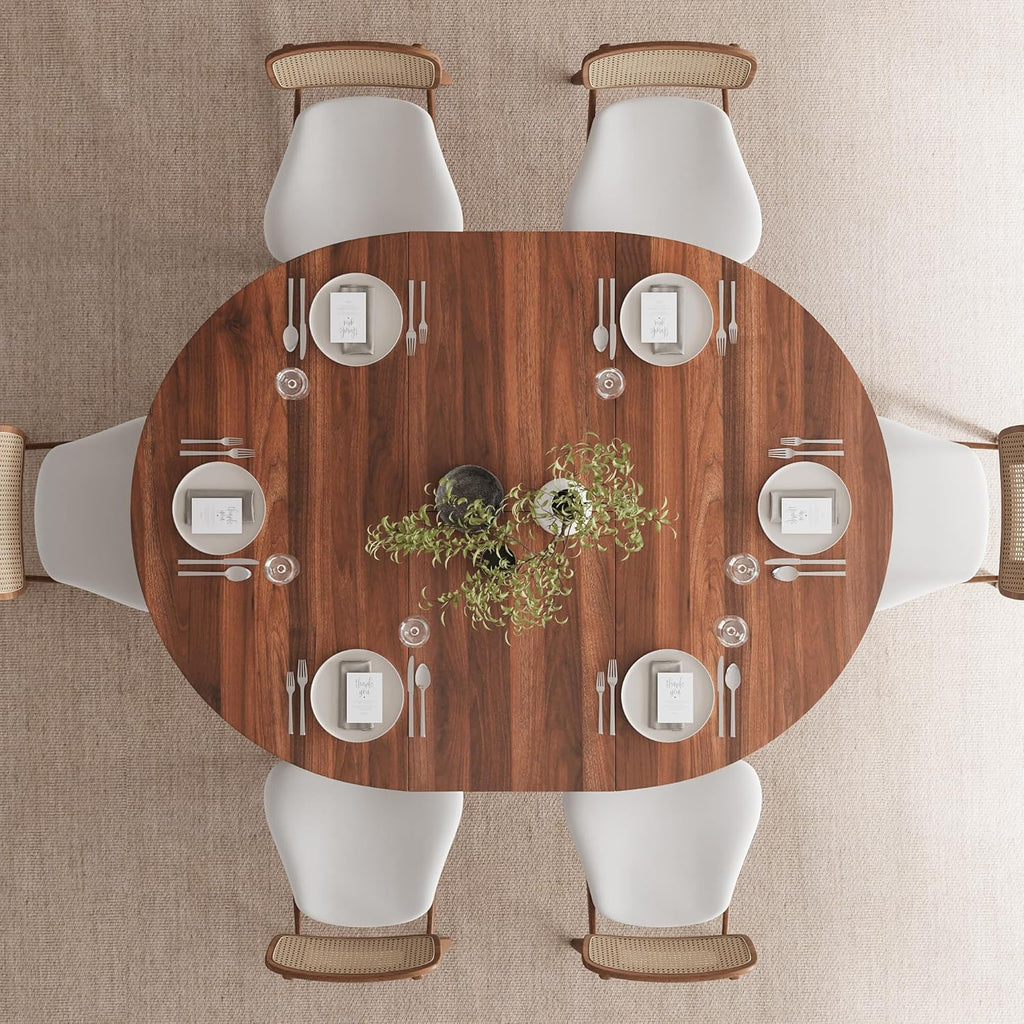 59" Round Extendable Dining Room Table for 4-6, Modern Oval Kitchen Table with Heavy Duty Wood Base, Metal Frame