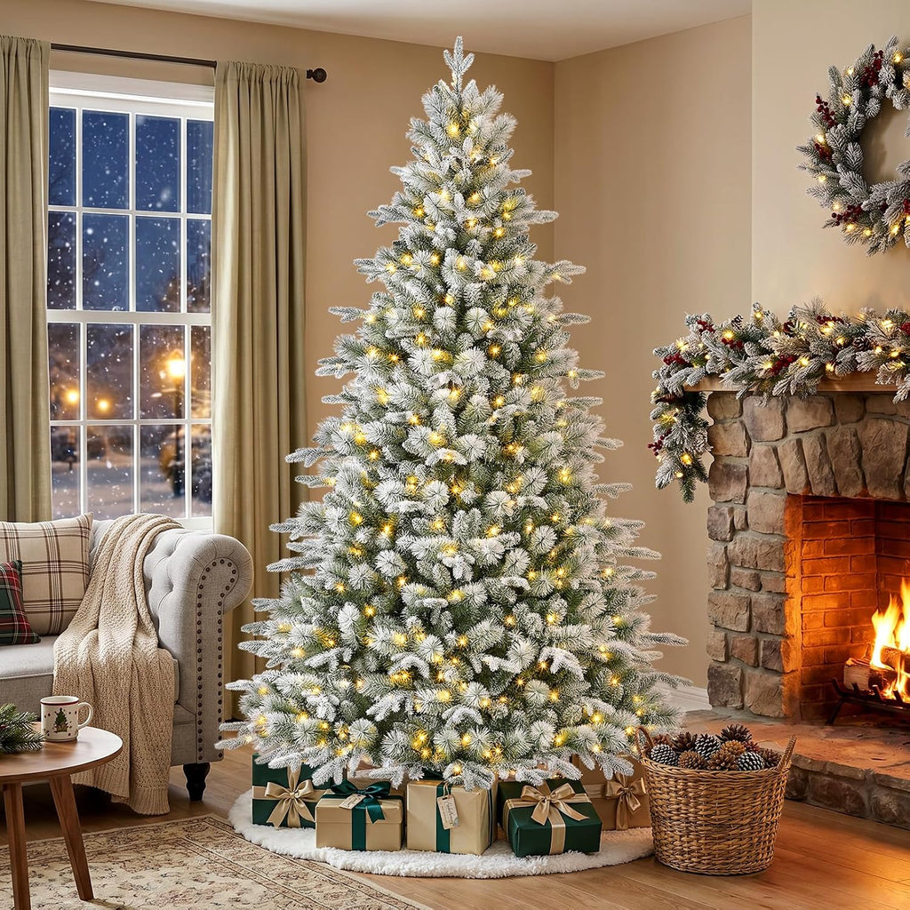 Prelit Artificial White Flocked Christmas Tree & Warm Lights