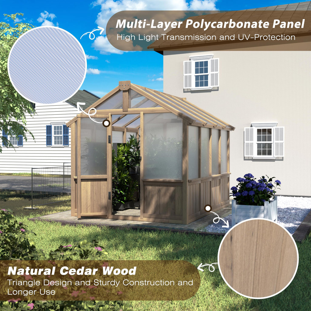 6 x 8 FT Wooden Polycarbonate Greenhouse with Ventilated Window and Lockable Door, 6mm MWPC Panels for UV Protection