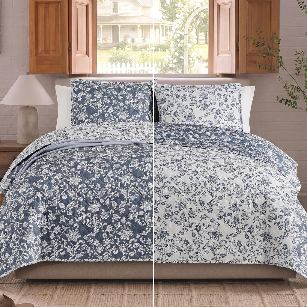 Quilt Set Queen, Oxford Blue Floral Quilt Sets, Reversible Bedspread Lightweight and Breathable for All Seasons, Soft