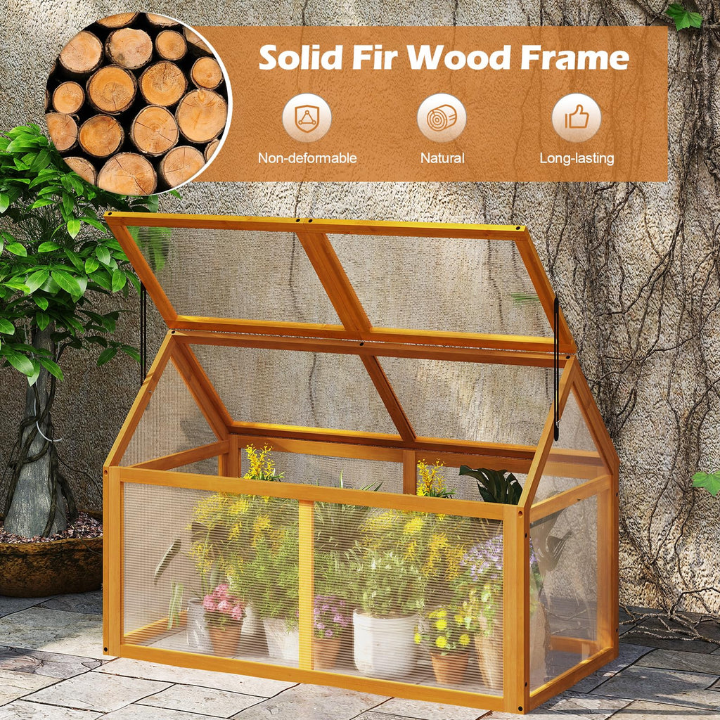 Wood Cold Frame Greenhouse, Portable Raised Flower Planter Protection with Transparent Panels & Adjustable Roof