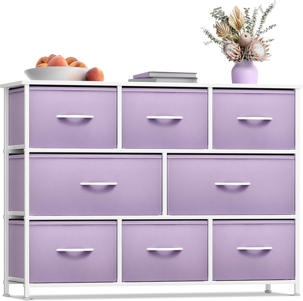 Kids Dresser with 8 Drawers - Chest Organizer Unit with Steel Frame Wood Top & Handle, Fabric Bins for Clothes - Wide