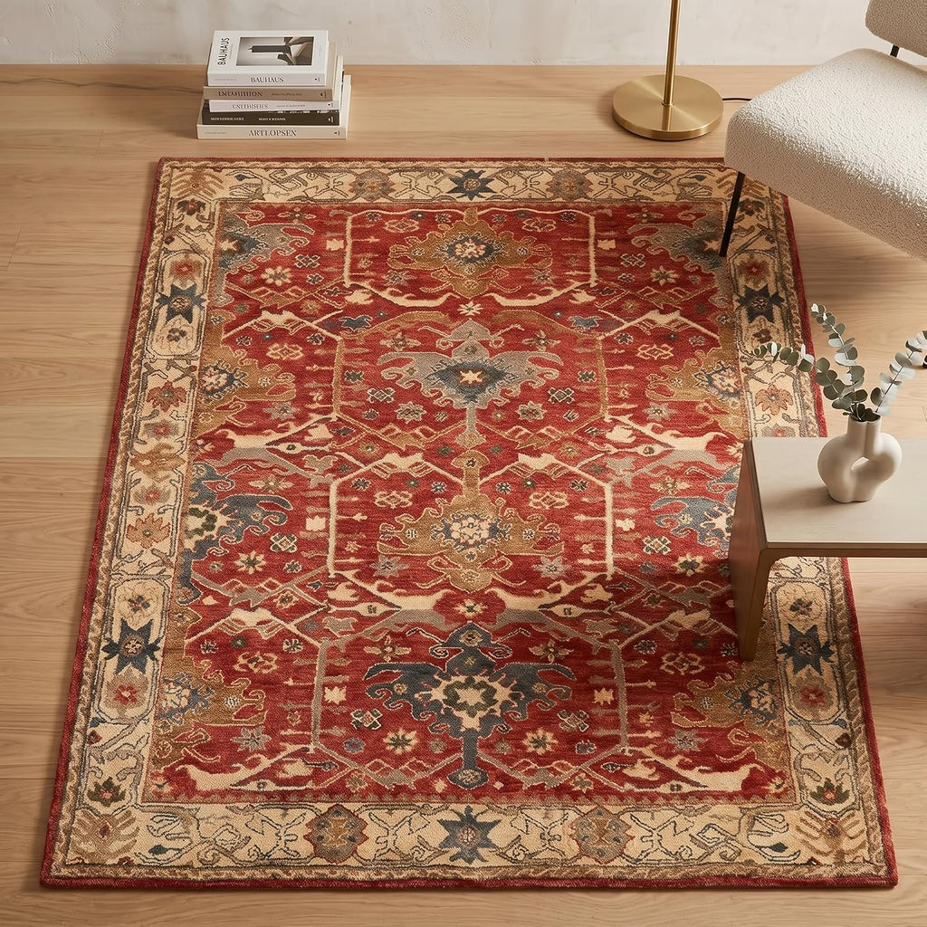 Traditional Handmade Wool Area Rug - Oriental Medallion Floral Pattern, Vintage Classic Bordered - Thick Plush Pile