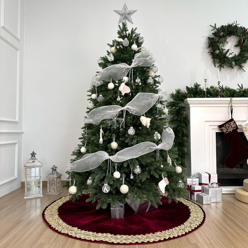 60-Inch Venetian Gilded Velvet Christmas Tree Skirt with Gold Embellished Border, Foam-Padded, Button Closure