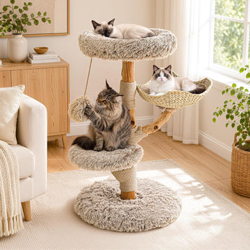 Solid Wood Cat Tree, Modern Cat Tower for Indoor Large Cats, Beige