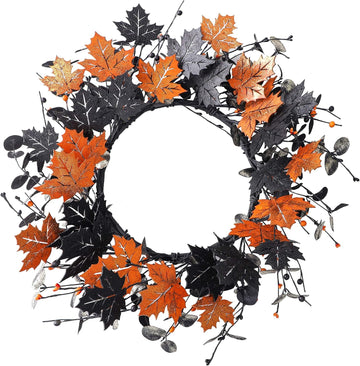 20" Halloween Wreath for Front Door, Golden and Black Maple Leaves