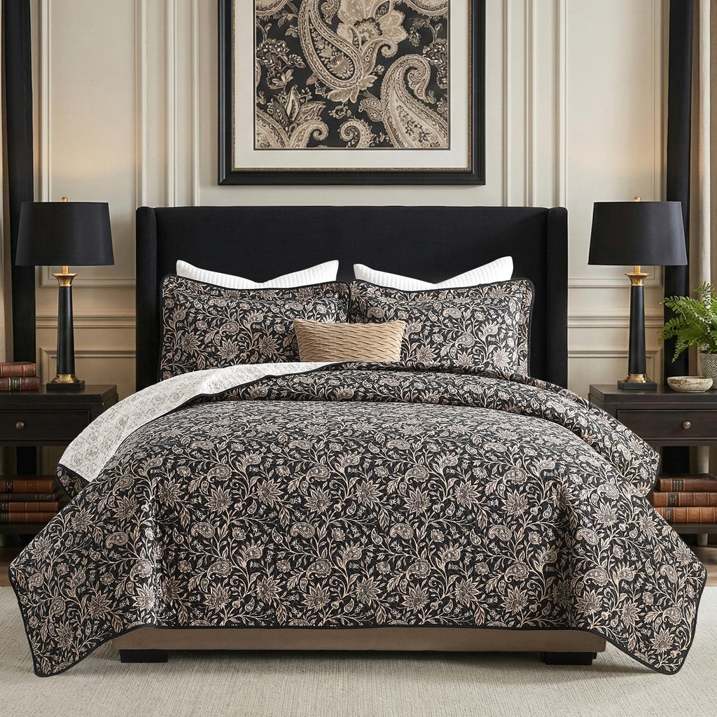 100% Cotton Quilt Set, Traditional Vintage Floral, Black/Cream