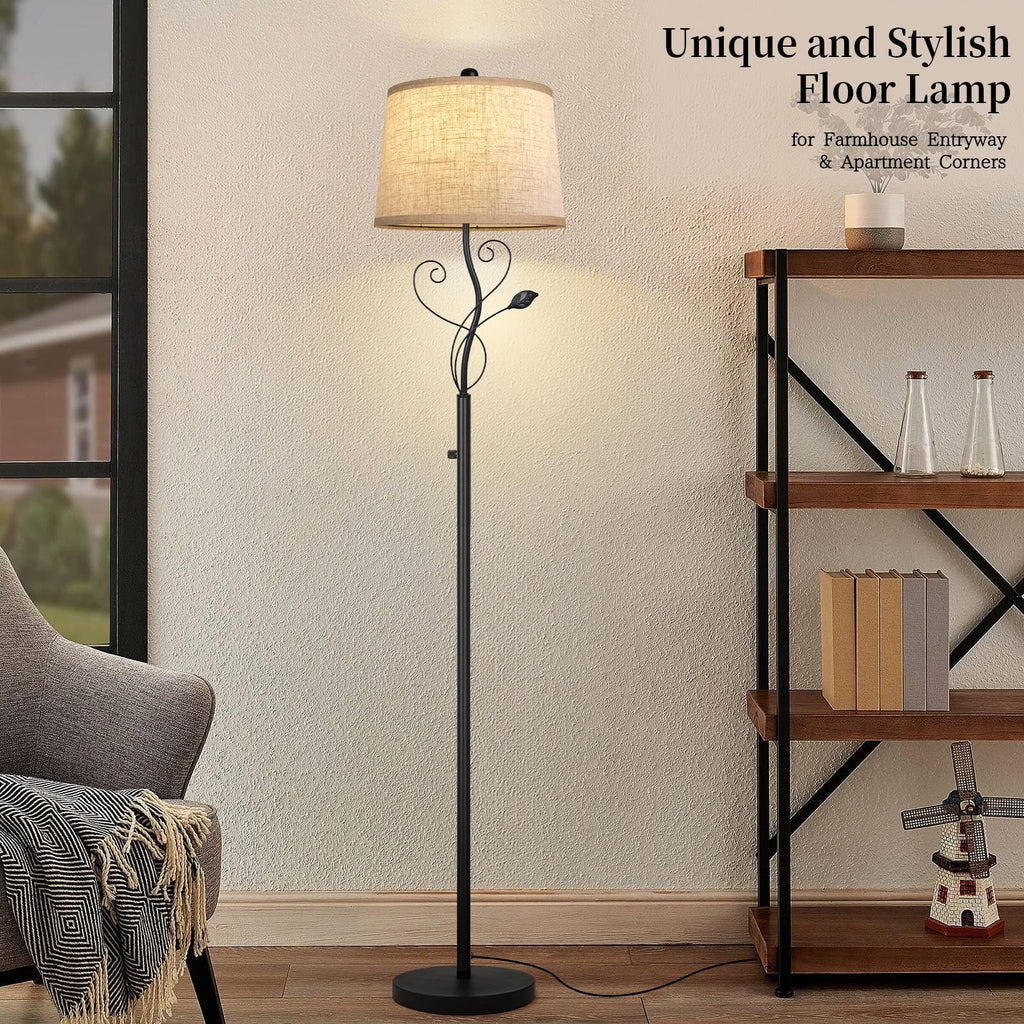 63'' Rustic Floor Lamps Decor with Rotary Dimmer, Black Leaf Tall Lamp with Linen Sade Dimmable Bulb Included