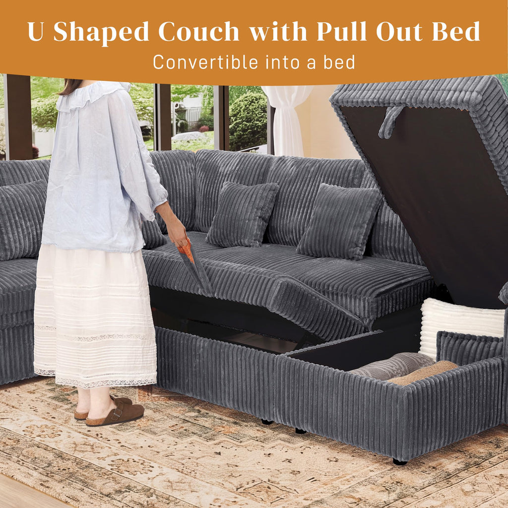 Modular Sectional Sleeper Sofa with Pull Out Bed, 104" U Shaped 7 Seat Cloud Sectional Couches, Comfy Corduroy Couch