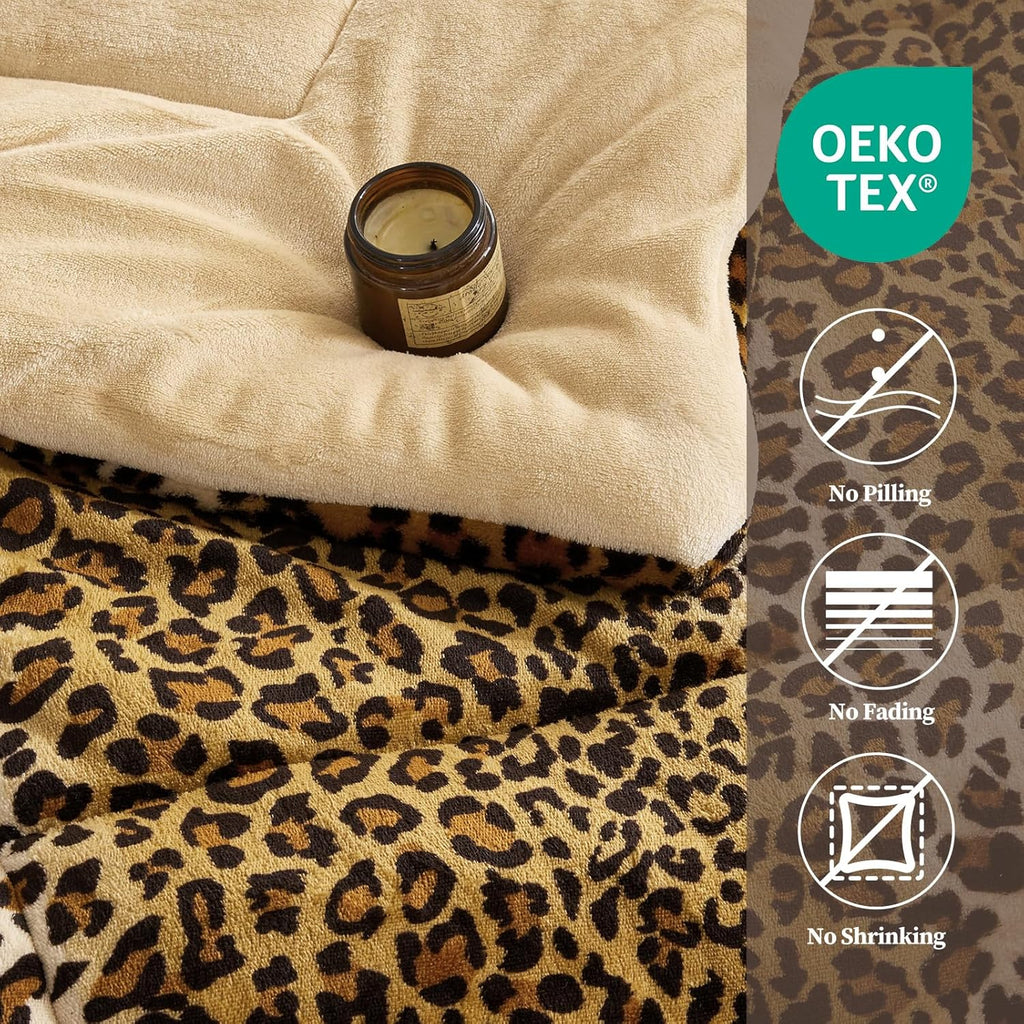 Petrichor Leopard Velvet Flannel King Comforter Set-Cheetah Print Western Blanket,Luxury Fuzzy Heavy Bedding Set,3