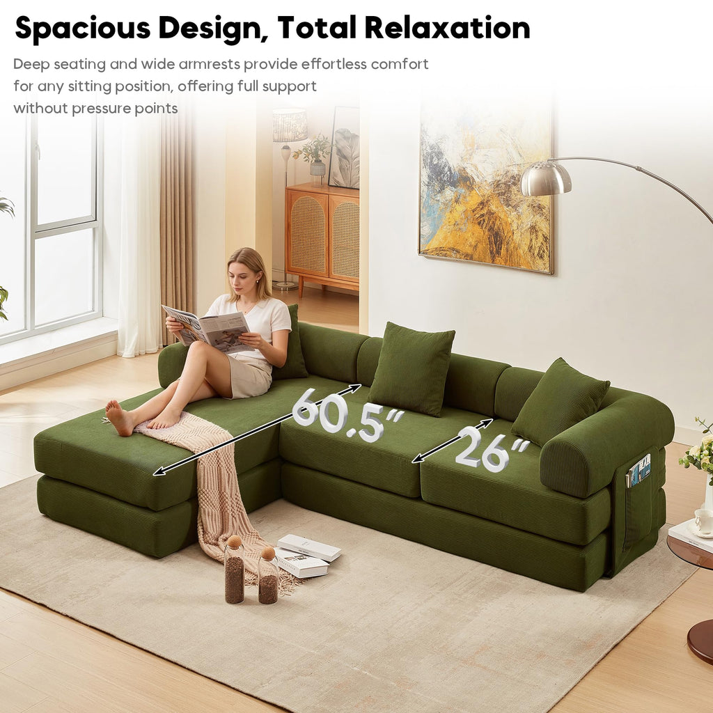 107" Modular Sectional Sofa Bed, L-Shape Corduroy Boneless Couch, Green