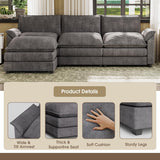 119” Sectional Sofa Modern Deep Couch with Reversible Ottoman