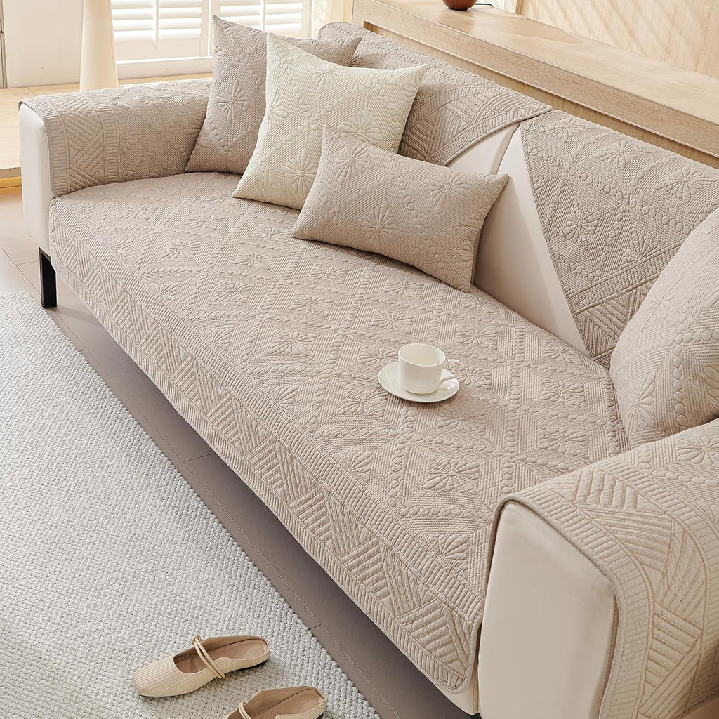Boho Cotton Quilted Sofa Couch Cover Washable Soft Non Slip Sectional Couch Covers Floral Embroidery Sofa Slipcover