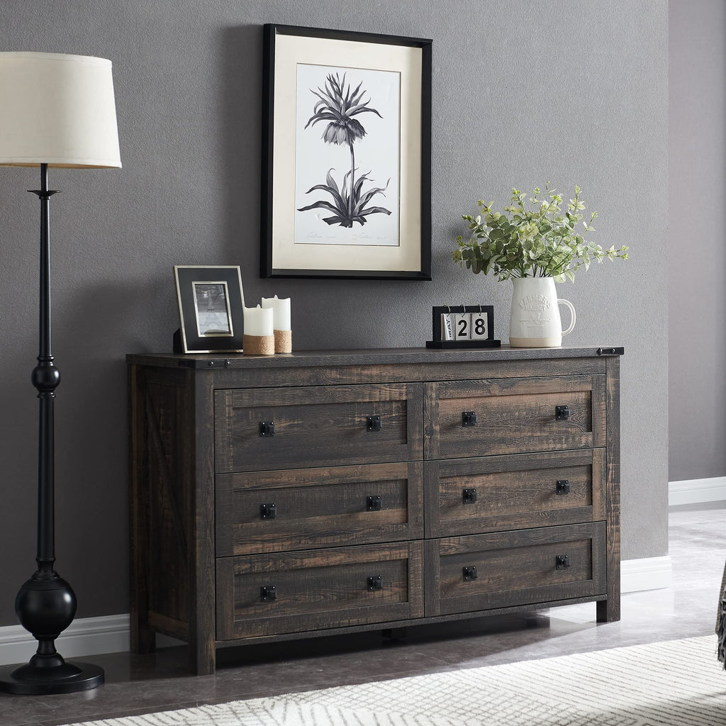 54" Wide Farmhouse 6-Drawer, Dark Rustic Oak