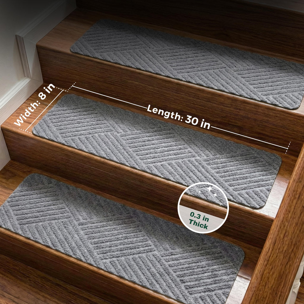 Woven Stair Treads for Wooden Steps, 15 Pack, 8" x 30", Light Gray