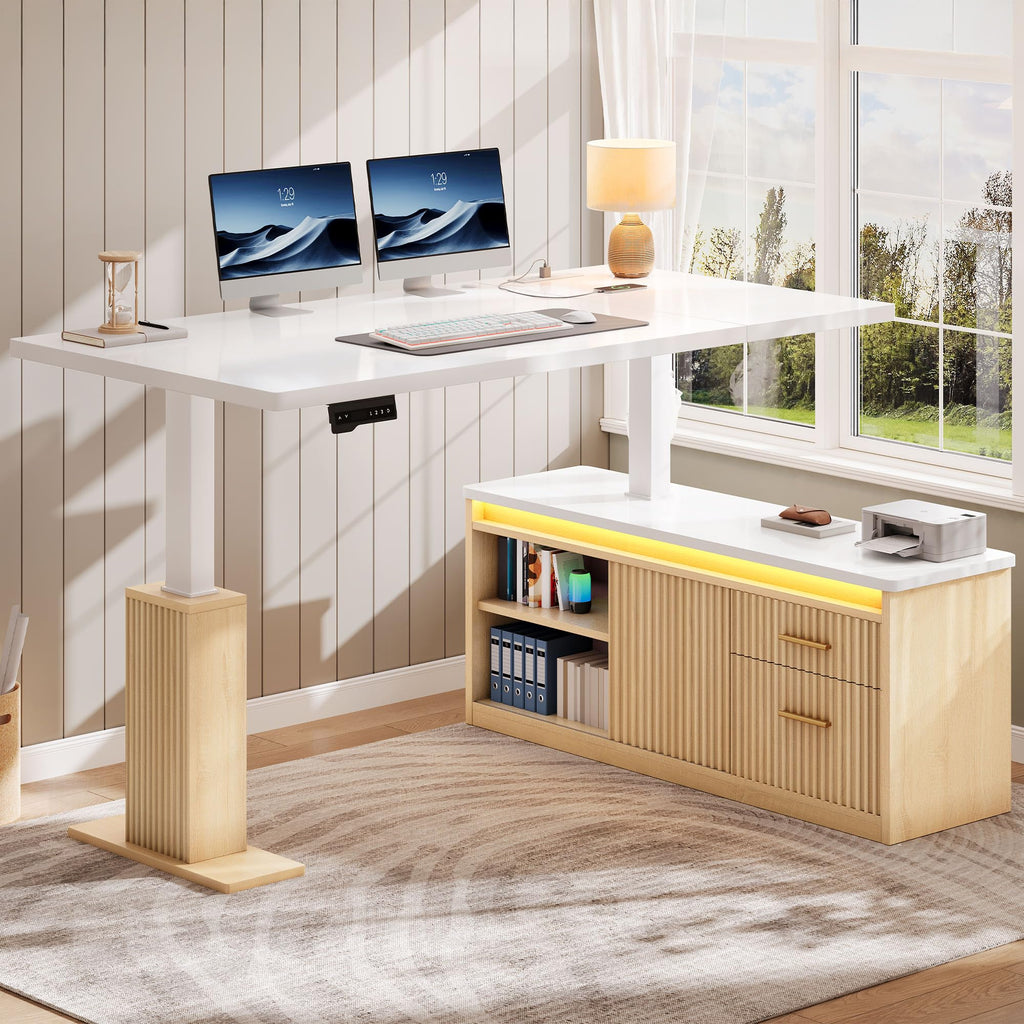 L Shaped Standing Desk with Power Outlets & LED Lights