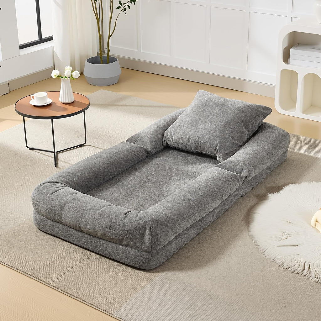 Oversized Adjustable Human Dog Bed for Adults & Pets - Chenille Upholstered Collapsible Floor Sofa with 2 Soft