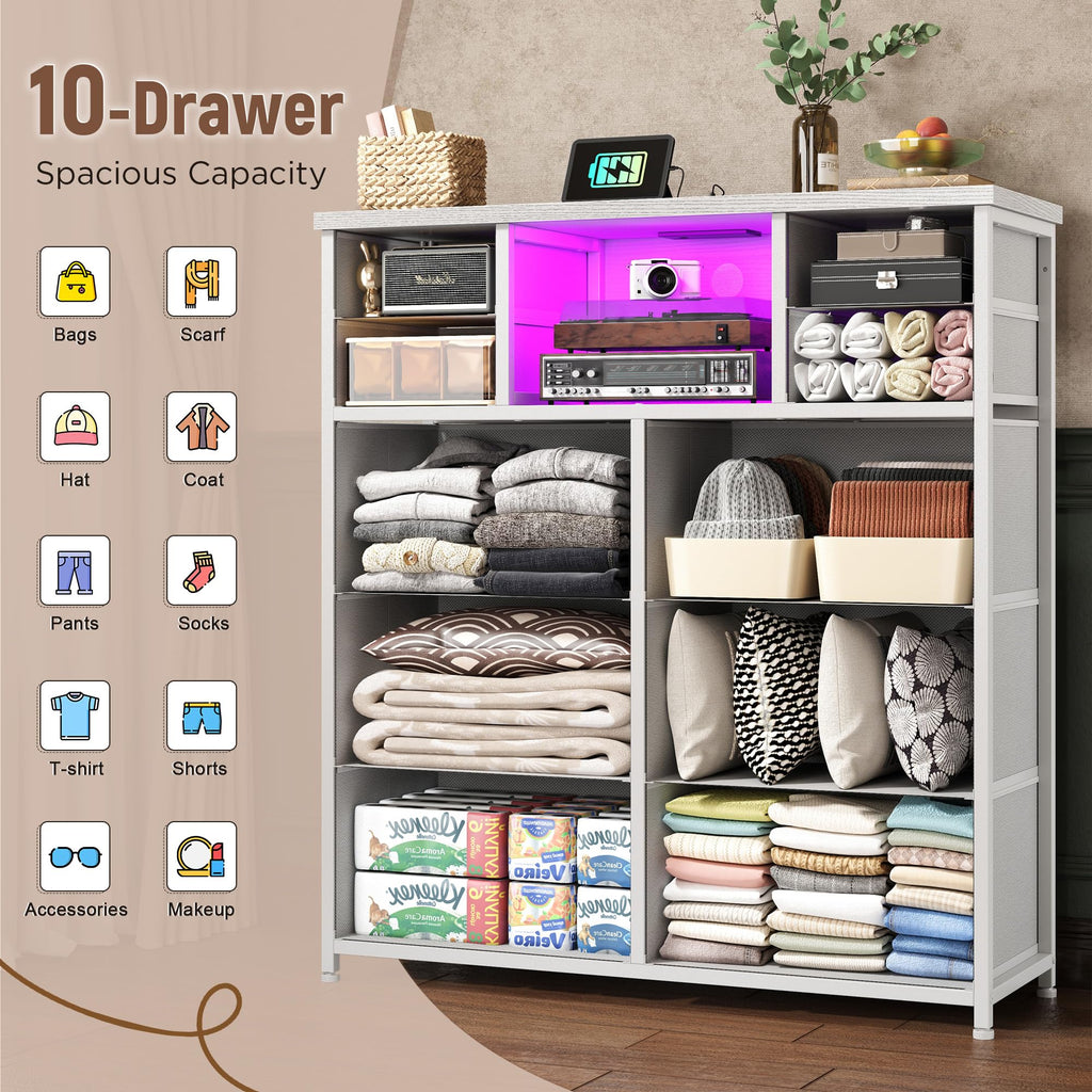 10-Drawer Tall, LED & Charging Station, White