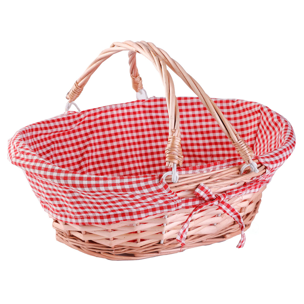 Oval Wicker Gift Basket with Double Drop Down Handles, Red Gingham Lining, Woven Picnic Basket for Gifts, Gathering