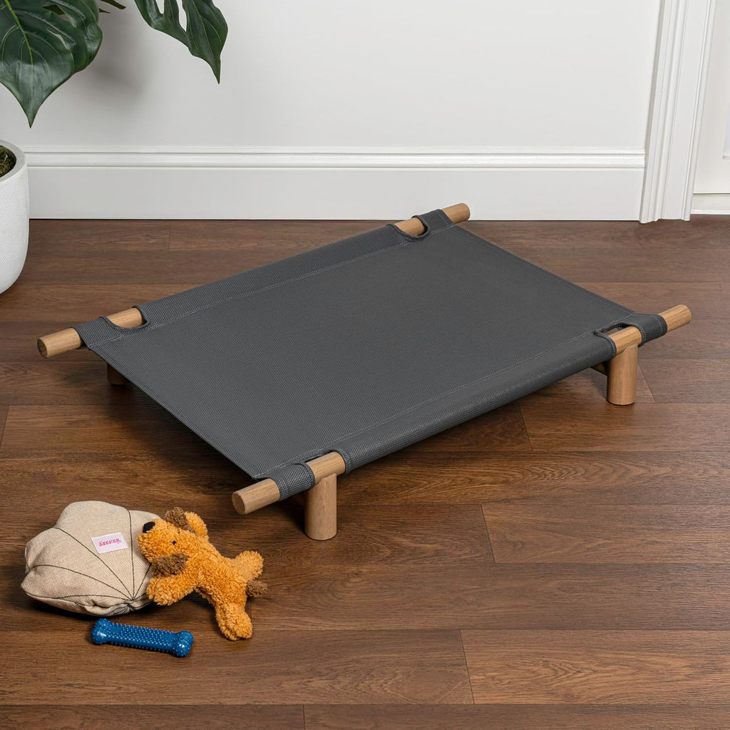 Chester 32" Modern Minimalist Wood Frame Elevated Outdoor Dog Bed, Graphite/Light Teak