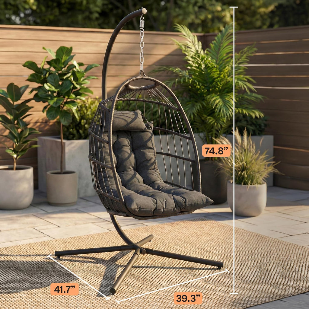 Hanging Egg Chair with Stand - Wicker Rattan Outdoor Swing Chair, Powder-Coated Steel Frame, Padded Cushion &