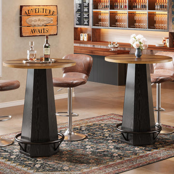 Round Bar Table Set of 2, 39.4" H Bistro Cocktail Table with Metal Footrest for Drinking & Gathering, Industrial Home