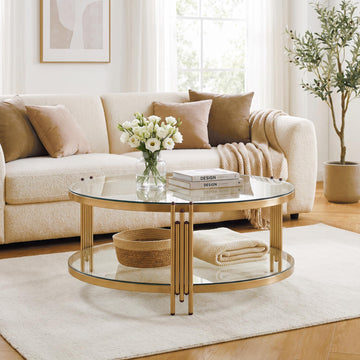 36" Round Glass Coffee Table, Gold Circle Coffee Table with Storage