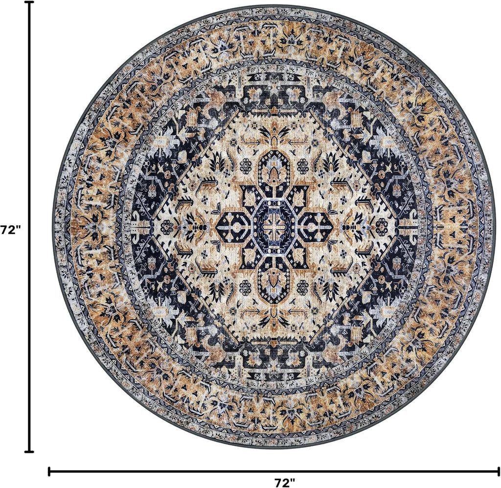 Round Rug 6 Ft Rugs Washable Circle Rug Non Slip Round Living Room Rugs Printed Faux Wool Vintage Round Dining Room