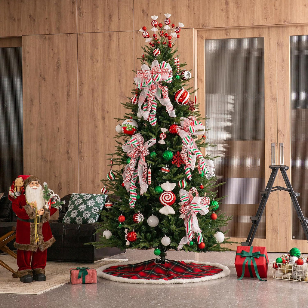 60 Inch Reversible Faux Fur Christmas Tree Skirt, Red Black Plaid Sherpa & Flannel Double-Sided for Christmas Party