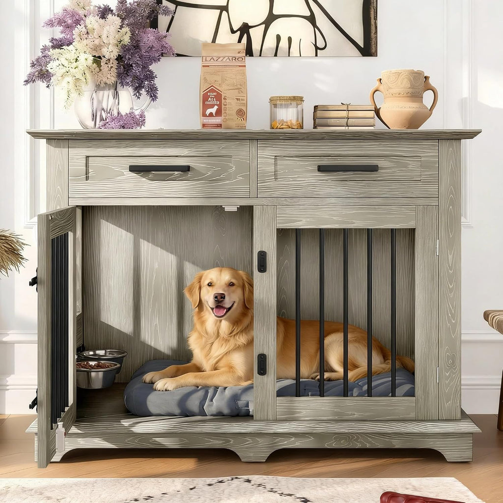 44.48" Large Dog Crate Furniture with 2 Drawers and Rotating Bowls (Gray)