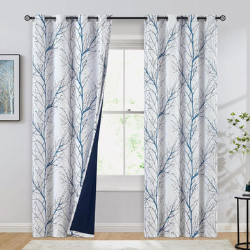 100% Blackout Curtains, Blue White Tree Curtains 84 Inches Long, Grey Farmhouse Room Darkening Window Curtains for